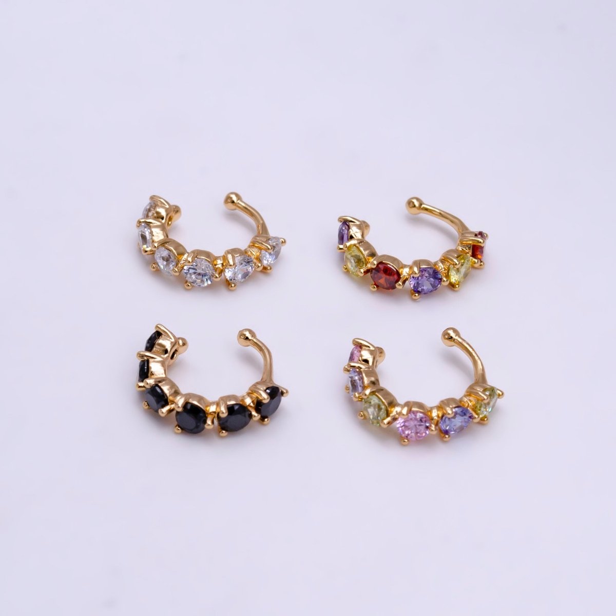 18K Gold Filled Black, Clear, Soft Multicolor, Dark Multicolor CZ Lined Ear Cuff Earrings | AI064 - AI067