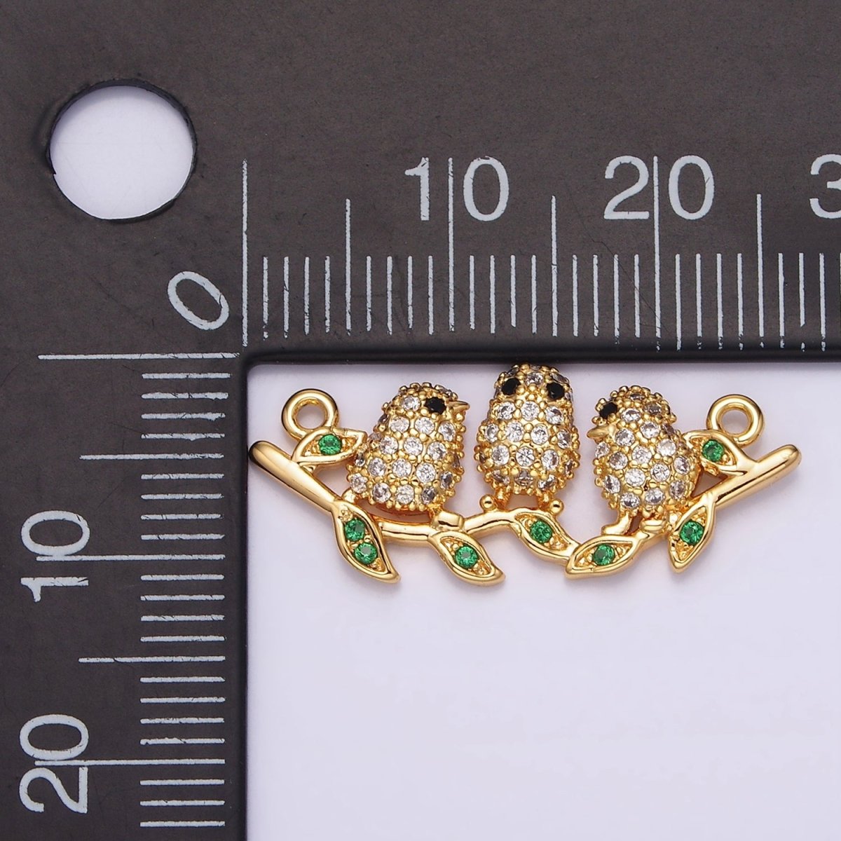 18K Gold Filled Black-Eyed Three Baby Birds Micro Paved CZ Green Leaf Connector | G-030
