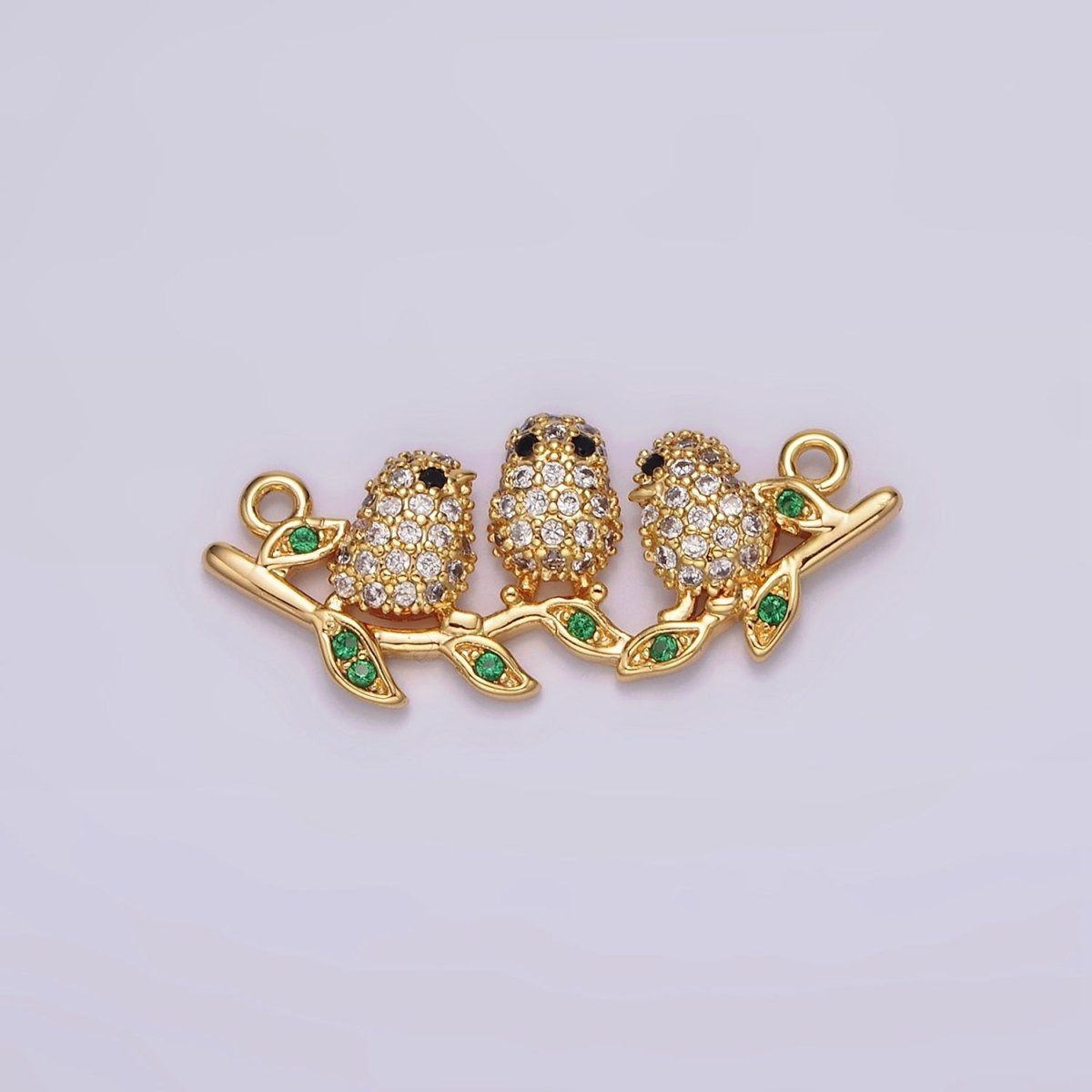 18K Gold Filled Black-Eyed Three Baby Birds Micro Paved CZ Green Leaf Connector | G-030