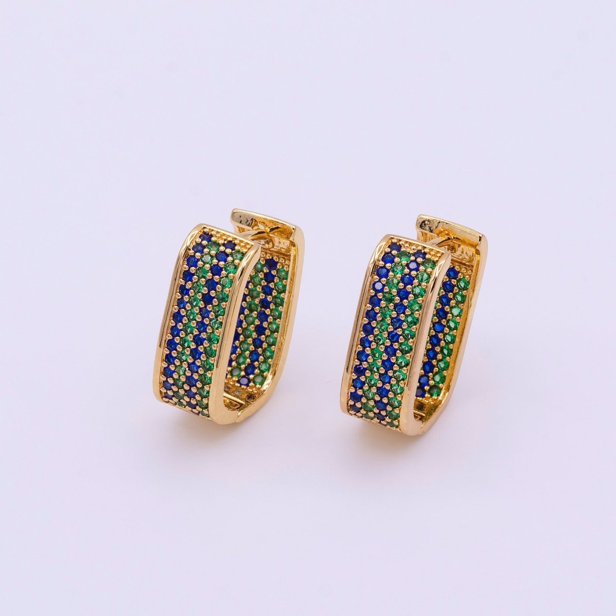 18K Gold Filled Blue & Green Ocean Micro Paved CZ Front-Facing Oblong Hoop Earrings in Gold & Silver | AD851 AD852
