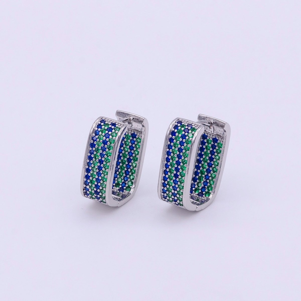 18K Gold Filled Blue & Green Ocean Micro Paved CZ Front-Facing Oblong Hoop Earrings in Gold & Silver | AD851 AD852