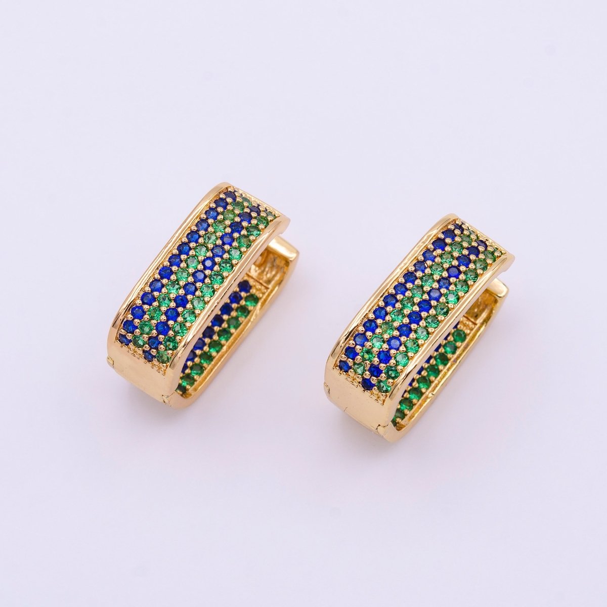 18K Gold Filled Blue & Green Ocean Micro Paved CZ Front-Facing Oblong Hoop Earrings in Gold & Silver | AD851 AD852