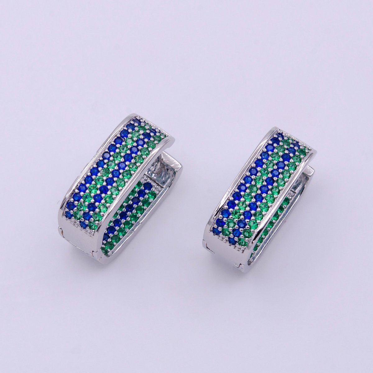 18K Gold Filled Blue & Green Ocean Micro Paved CZ Front-Facing Oblong Hoop Earrings in Gold & Silver | AD851 AD852
