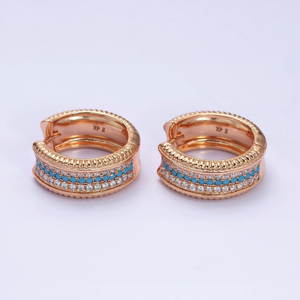 18K Gold Filled Blue, Turquoise Micro Paved CZ 20mm Wide Hoop Earrings | AD1367