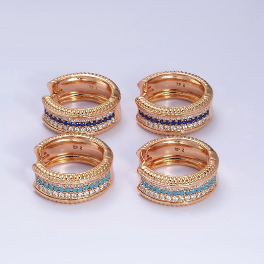 18K Gold Filled Blue, Turquoise Micro Paved CZ 20mm Wide Hoop Earrings | AD1367