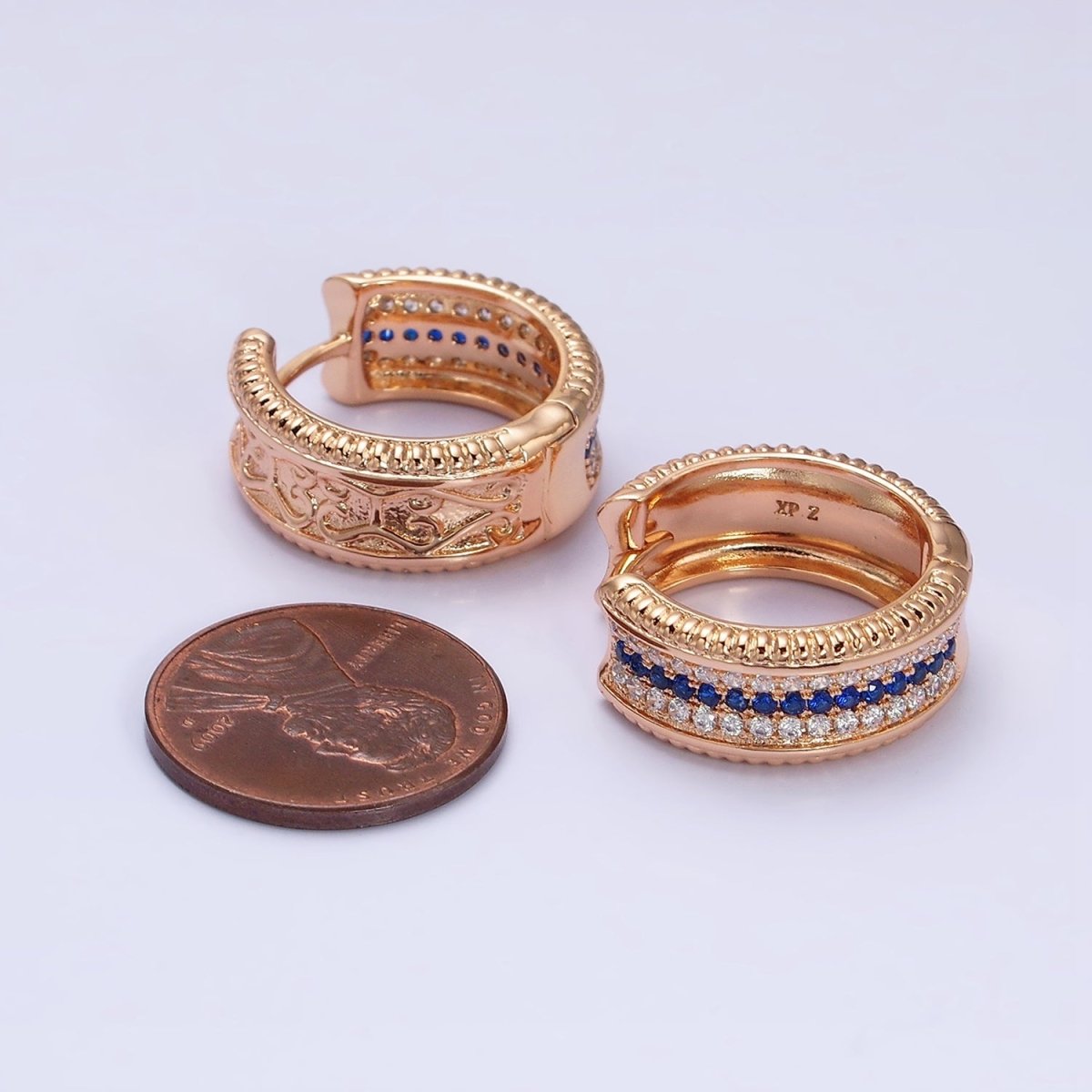 18K Gold Filled Blue, Turquoise Micro Paved CZ 20mm Wide Hoop Earrings | AD1367