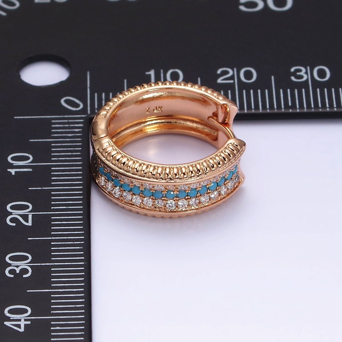 18K Gold Filled Blue, Turquoise Micro Paved CZ 20mm Wide Hoop Earrings | AD1367
