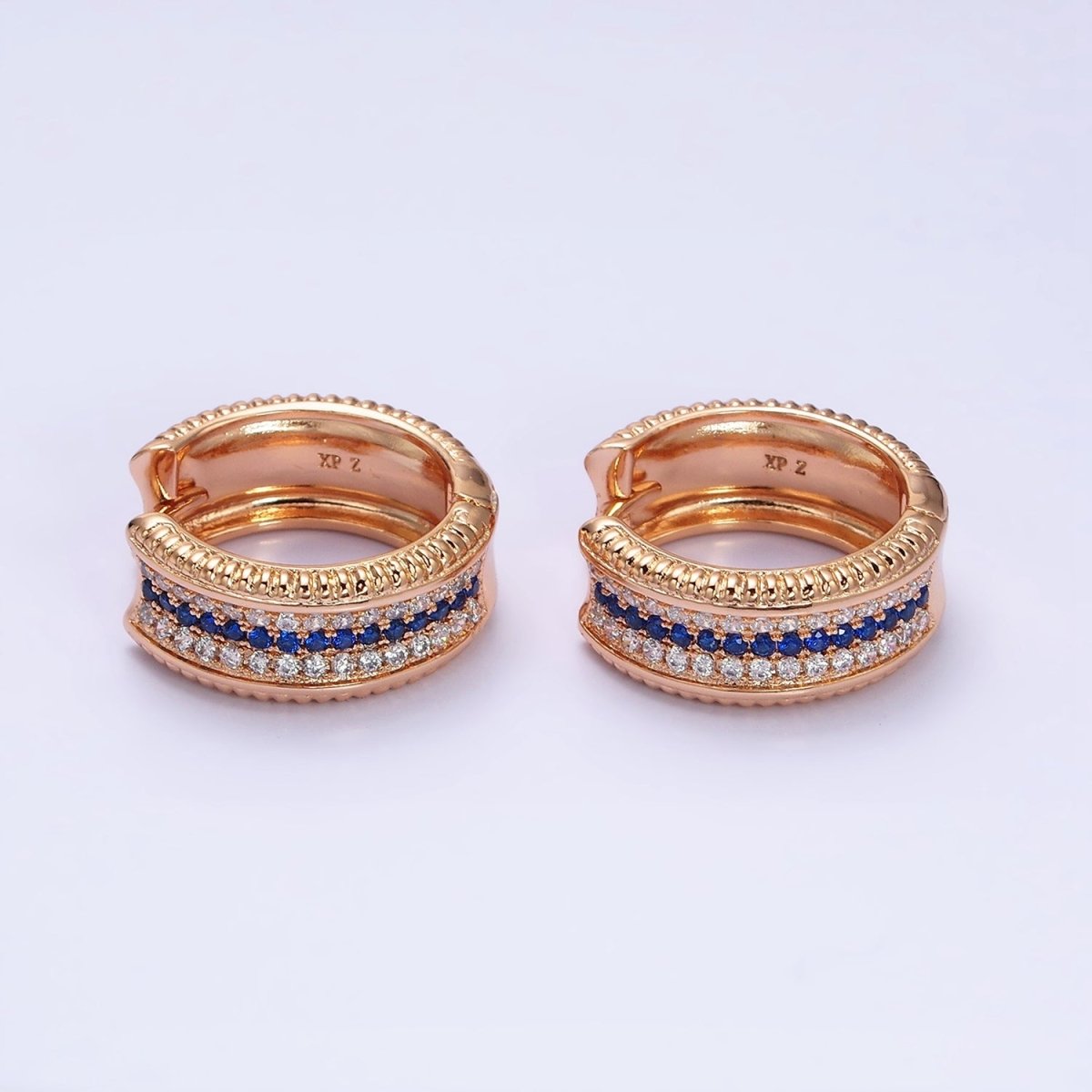 18K Gold Filled Blue, Turquoise Micro Paved CZ 20mm Wide Hoop Earrings | AD1367
