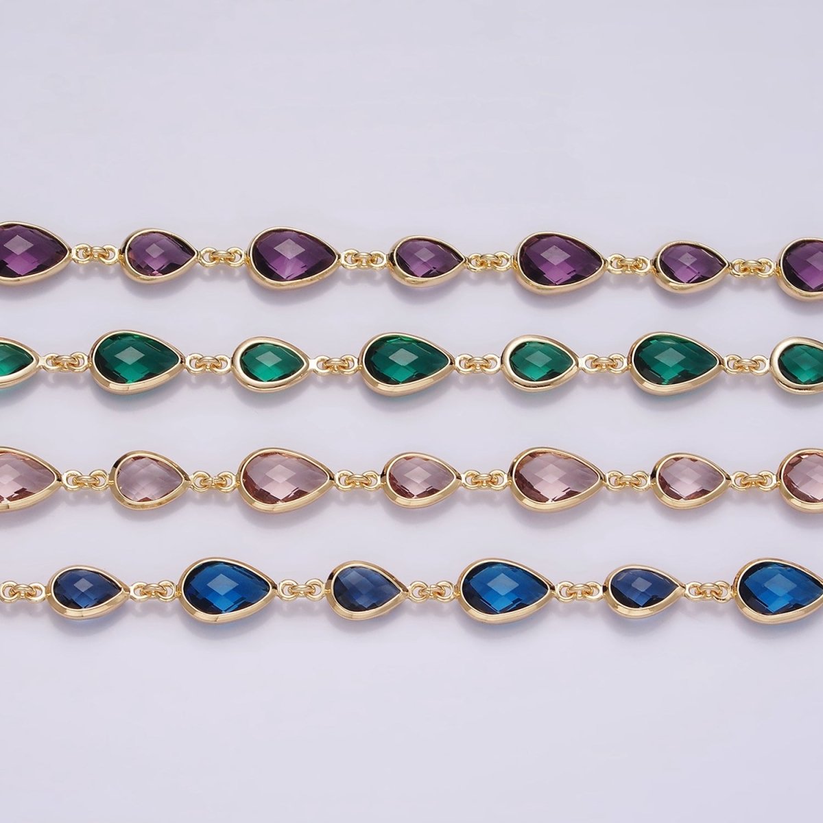 18K Gold Filled Brown, Purple, Blue, Green CZ Multifaceted Teardrop Designed Unfinished Chain | ROLL-1430 to ROLL-1433 Clearance Pricing