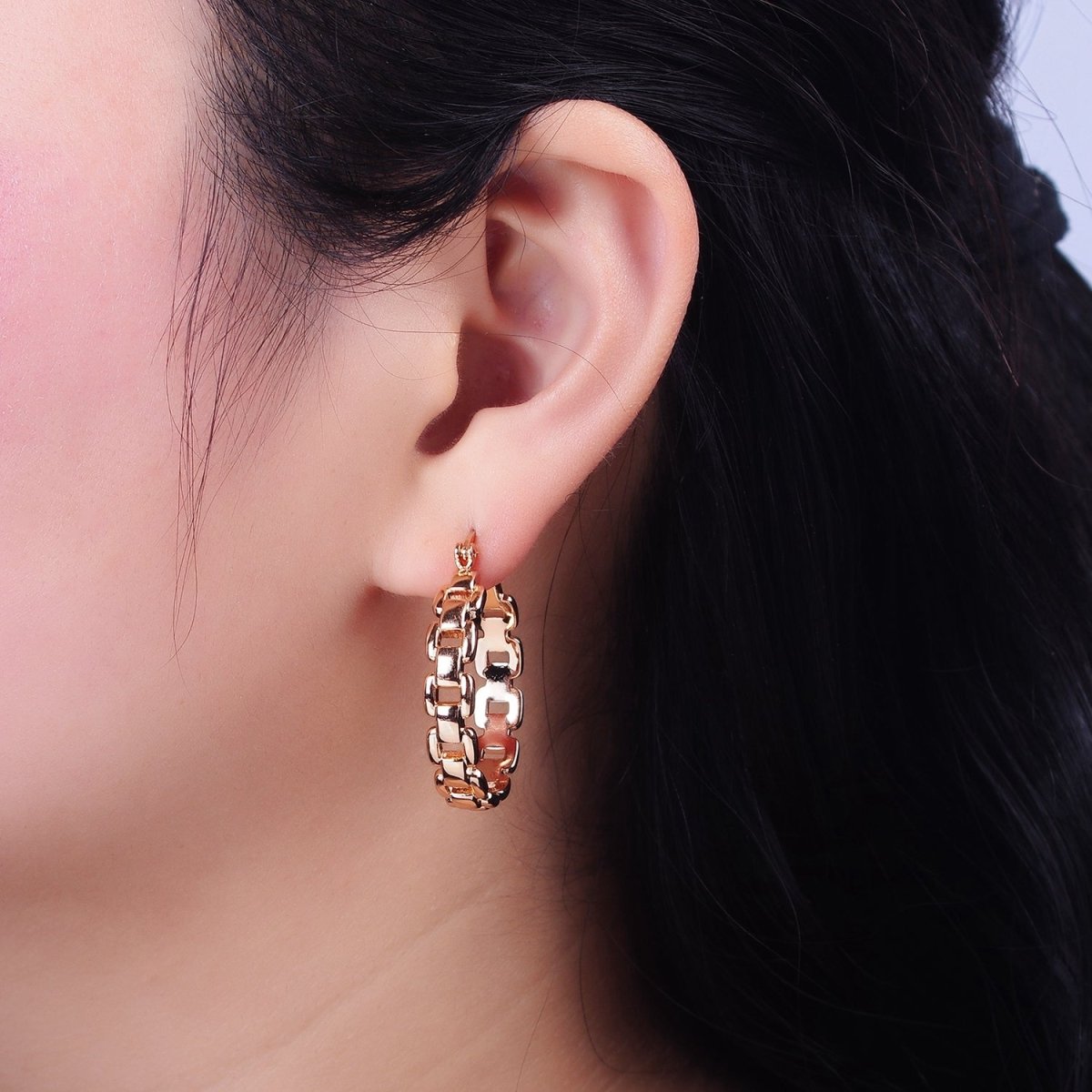 18K Gold Filled Cable Chain Link 30mm French Lock Hoop Latch Earrings | AD1366