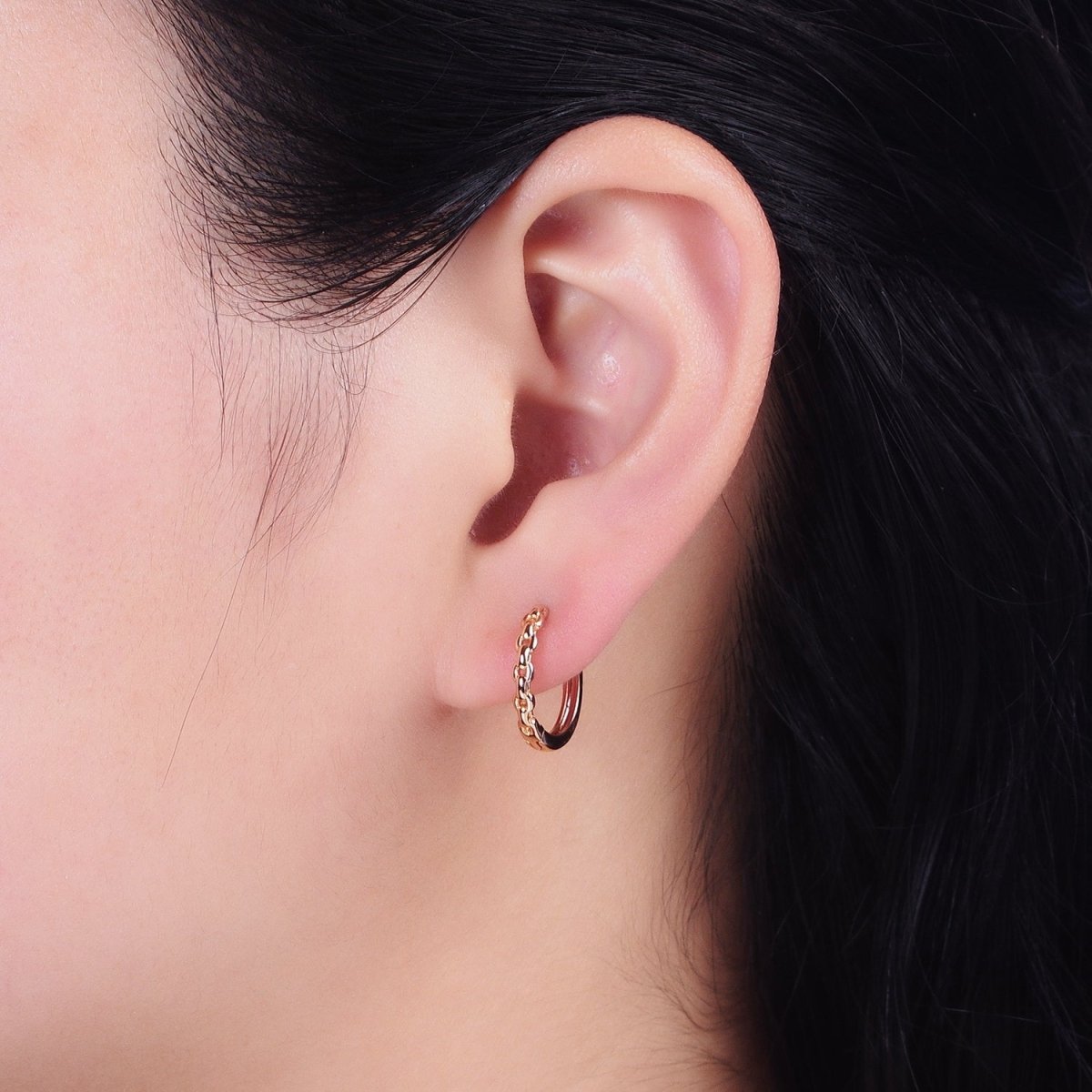 18K Gold Filled Cable Link Chain Endless Hoop Huggie Earrings | AD-1410