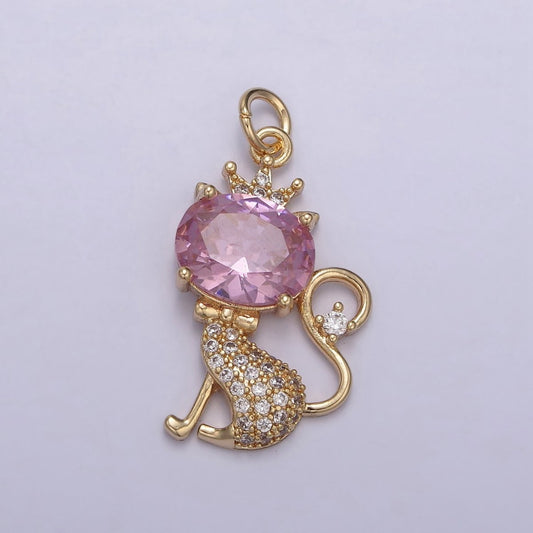 18K Gold Filled Cat Charm, Kitten Charm, Pink CZ Micro Pave Crystal Charm, Gold Cat Charm, Simple Cat Charm N-835