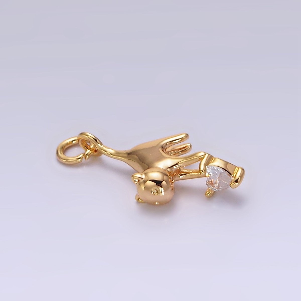 18K Gold Filled Cat Pet Animal Clear Heart CZ Charm | N1757