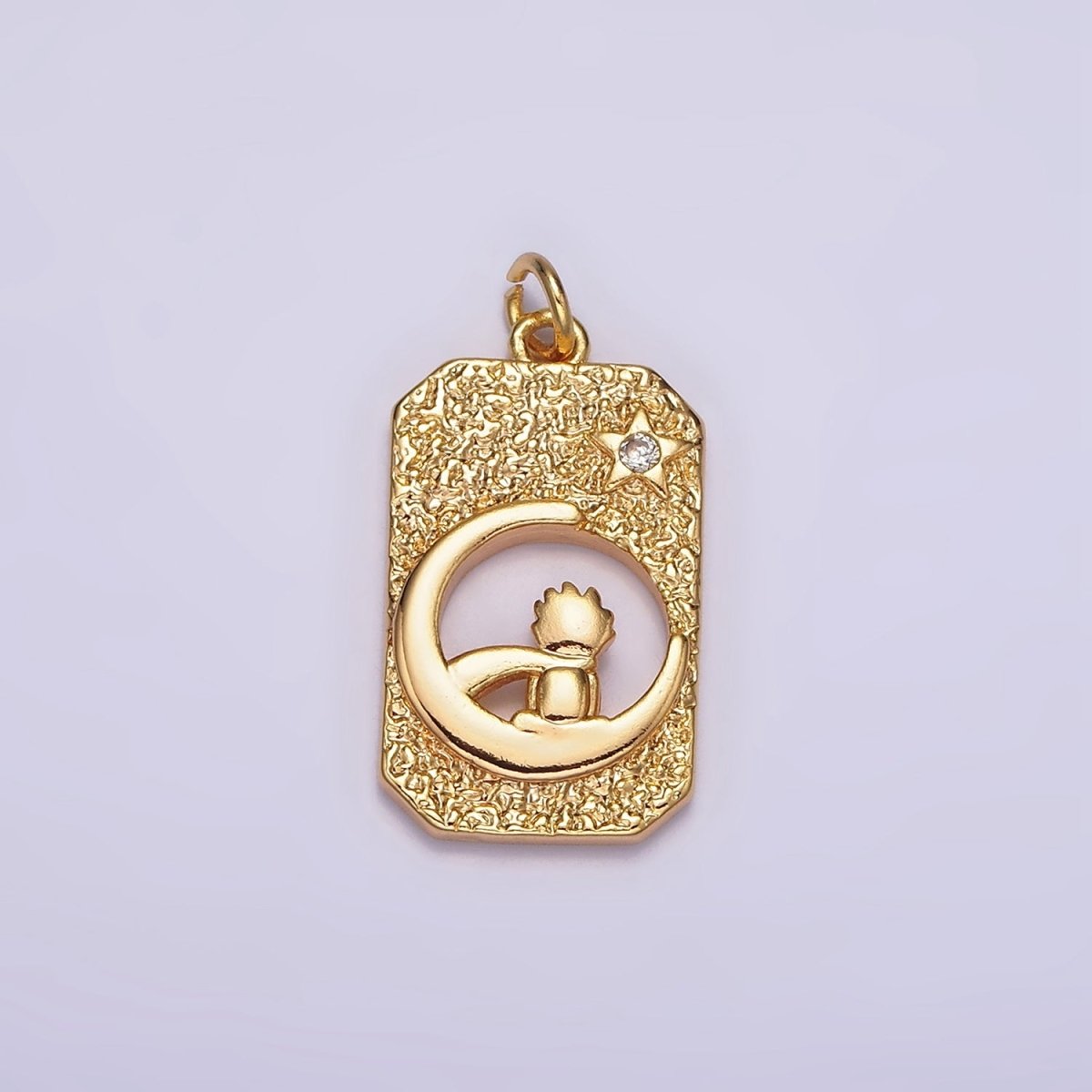 18K Gold Filled Celestial Crescent Star Moon Little Boy Prince Open Hammered Tag Charm | N-1755