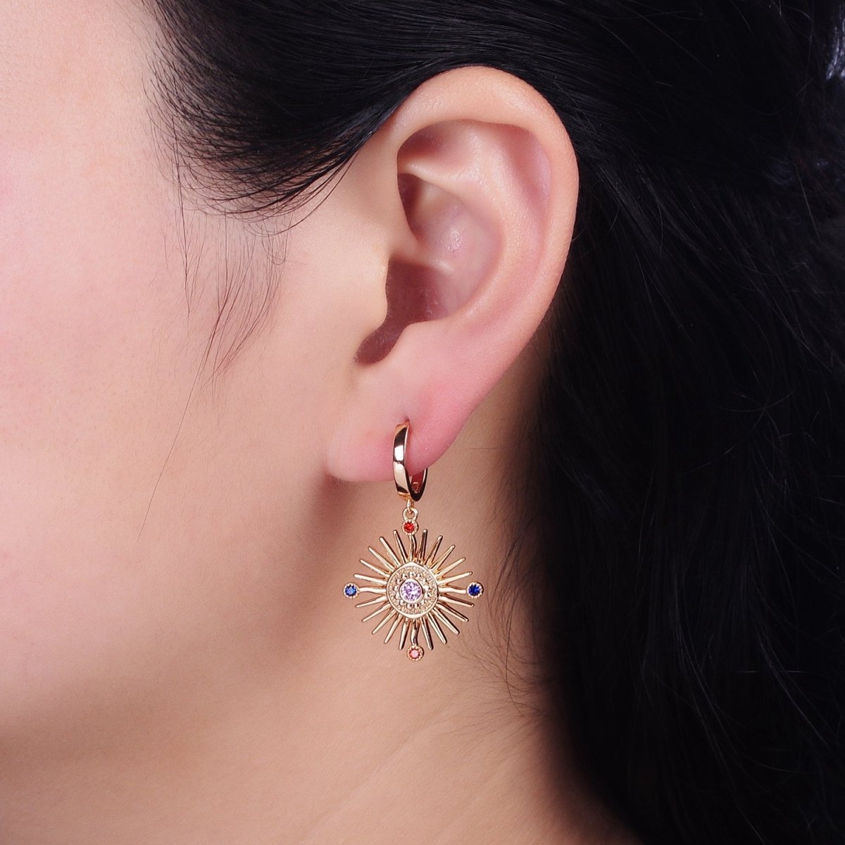 18K Gold Filled Celestial Sun Beam Multicolor Round CZ Drop Huggie Earrings | AD1398