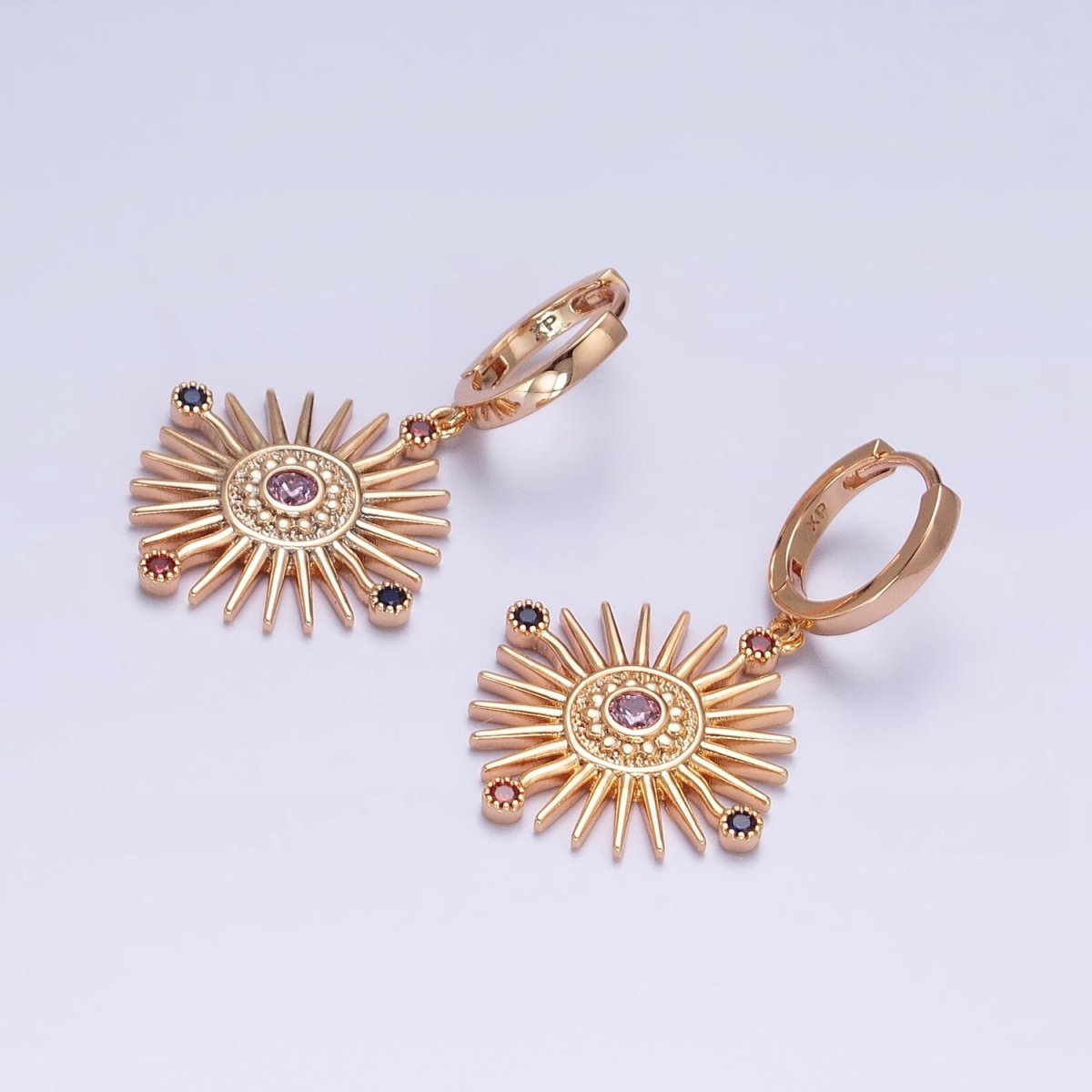 18K Gold Filled Celestial Sun Beam Multicolor Round CZ Drop Huggie Earrings | AD1398