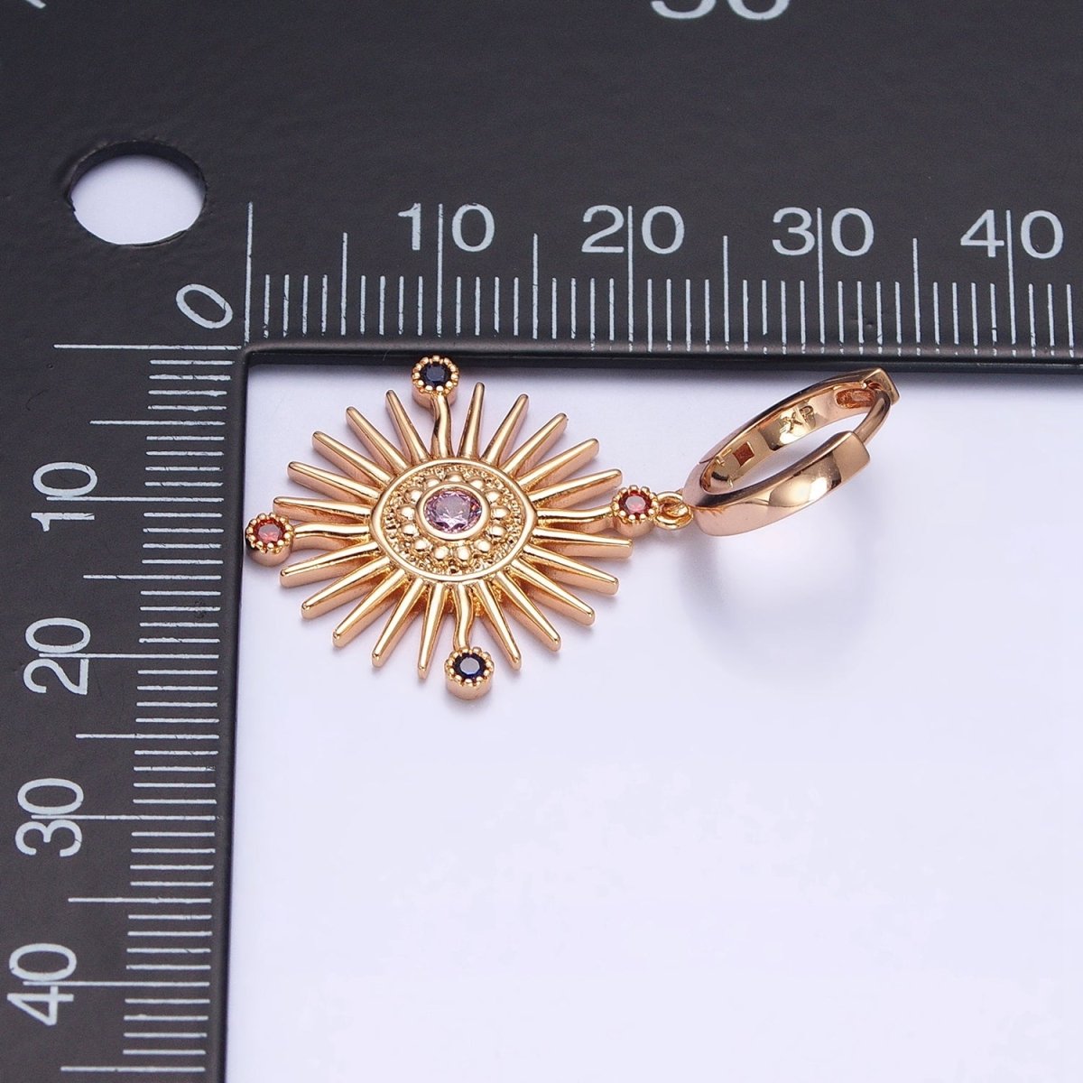 18K Gold Filled Celestial Sun Beam Multicolor Round CZ Drop Huggie Earrings | AD1398