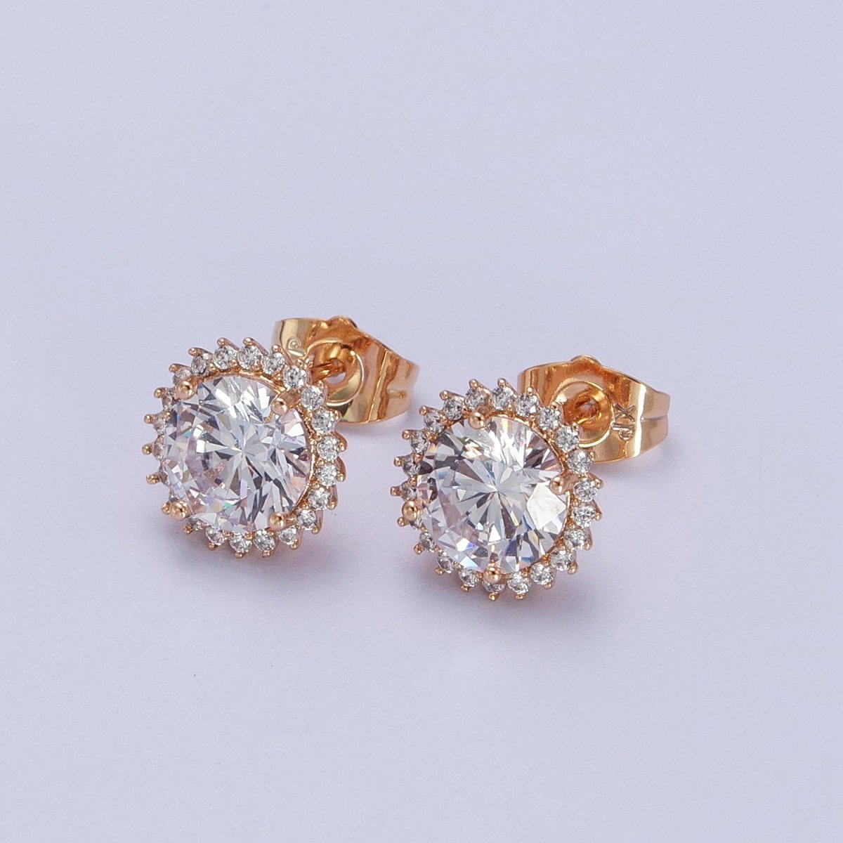 18K Gold Filled Celestial Sun Clear CZ Round Stud Earrings | AD-288