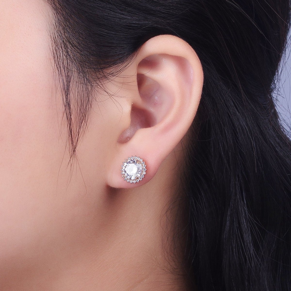 18K Gold Filled Celestial Sun Clear CZ Round Stud Earrings | AD-288