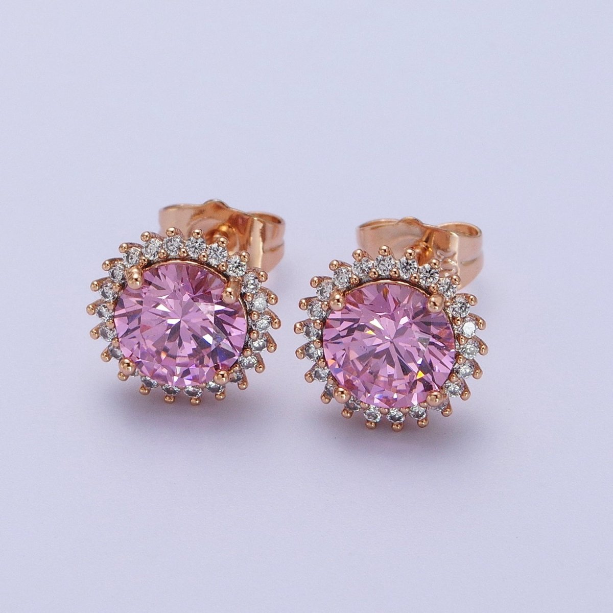 18K Gold Filled Celestial Sun Pink CZ 11.4mm Round Stud Earrings | V-008