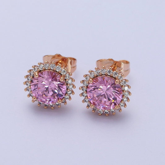 18K Gold Filled Celestial Sun Pink CZ 11.4mm Round Stud Earrings | V-008