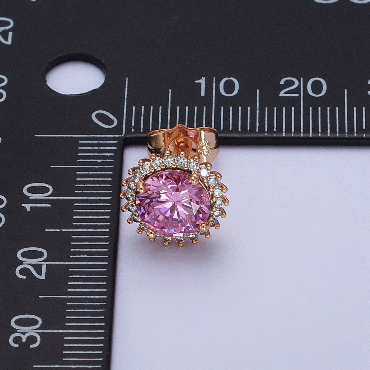 18K Gold Filled Celestial Sun Pink CZ 11.4mm Round Stud Earrings | V-008