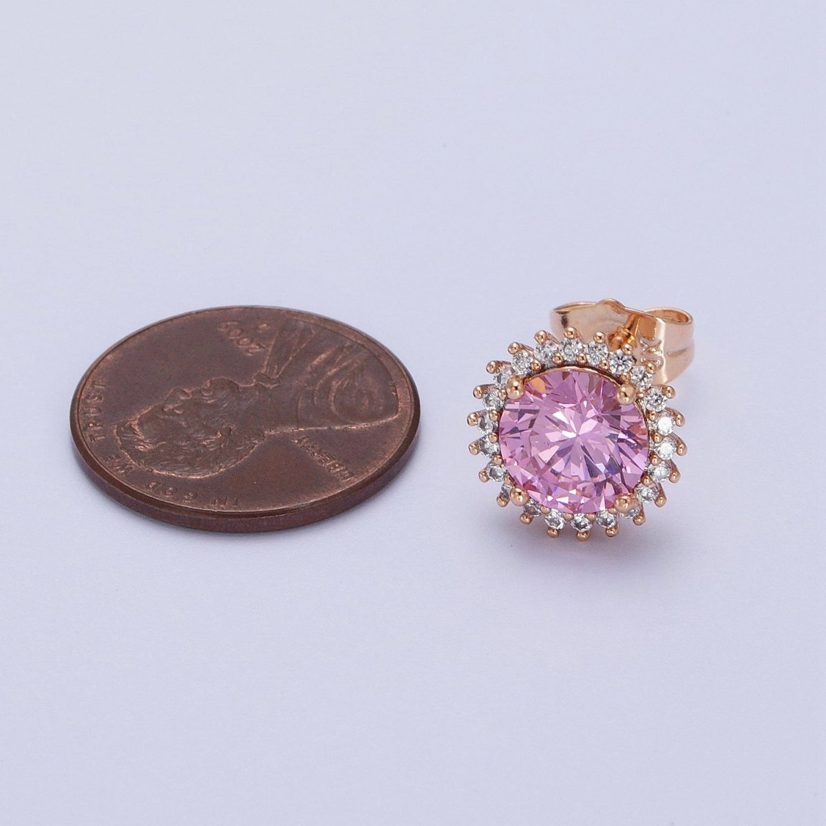 18K Gold Filled Celestial Sun Pink CZ 11.4mm Round Stud Earrings | V-008