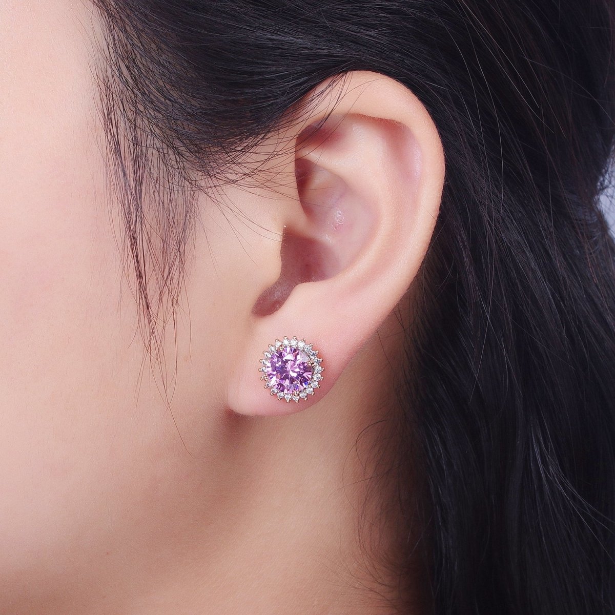 18K Gold Filled Celestial Sun Pink CZ 11.4mm Round Stud Earrings | V-008