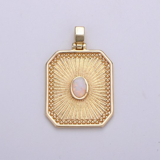 18k Gold filled Charm Geometric Bold rectangle charm w/ opal Medallion pendant, Necklace supply, Jewelry makings J-263