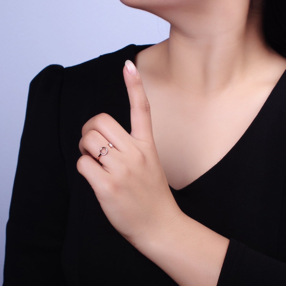 18K Gold Filled Clear Baguette Round Circular Open Adjustable Ring | O-011