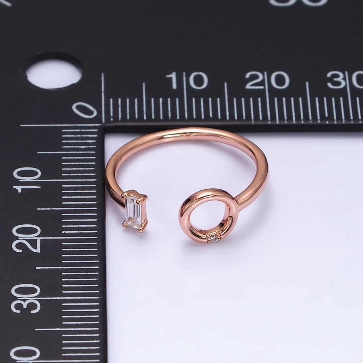 18K Gold Filled Clear Baguette Round Circular Open Adjustable Ring | O-011