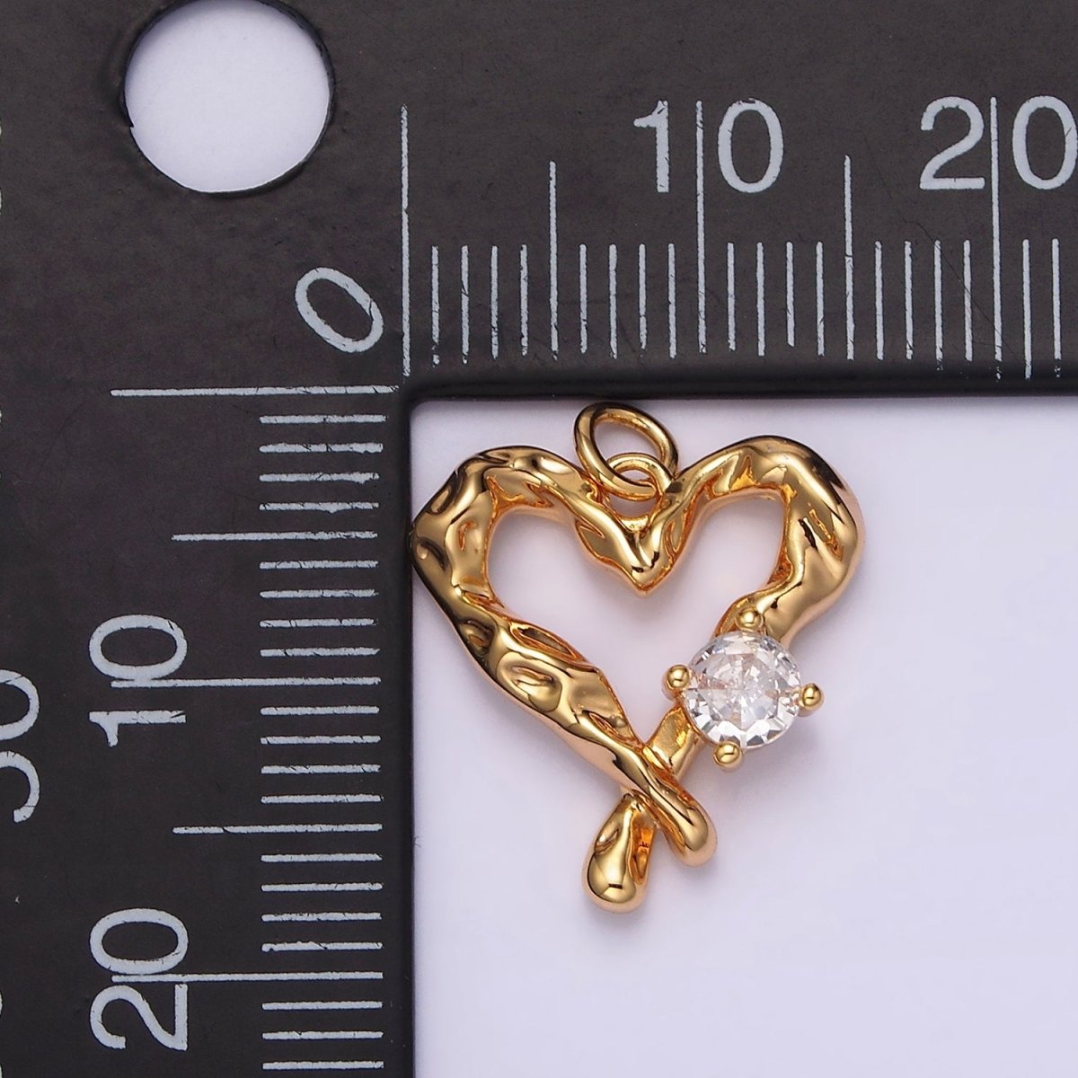 18K Gold Filled Clear CZ Dented Molten Open Heart Charm | N1761