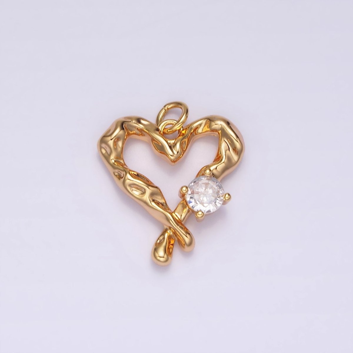 18K Gold Filled Clear CZ Dented Molten Open Heart Charm | N1761