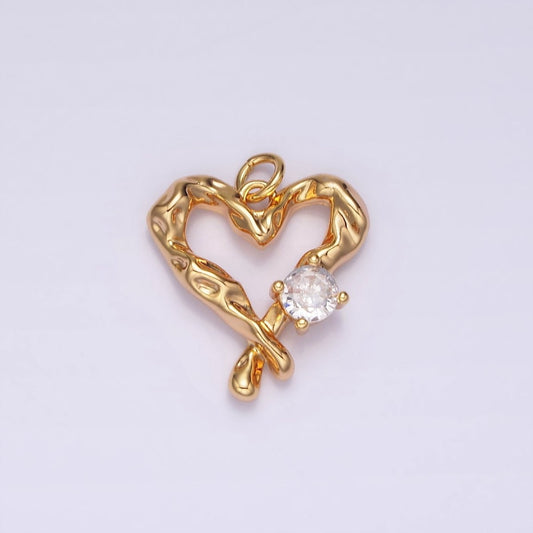 18K Gold Filled Clear CZ Dented Molten Open Heart Charm | N1761
