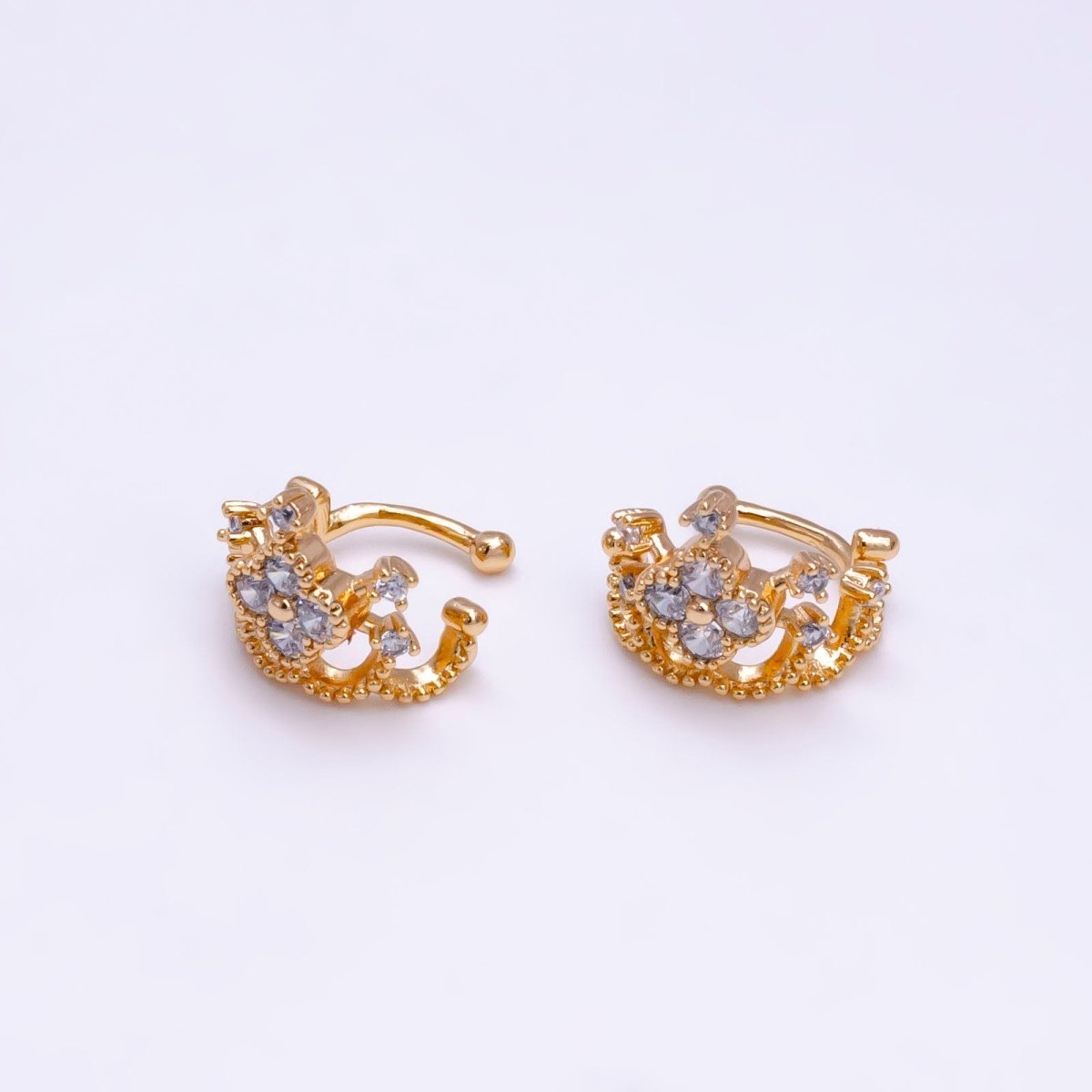 18K Gold Filled Clear CZ Quatrefoil Clover Beaded Ear Cuff Earrings | AI109