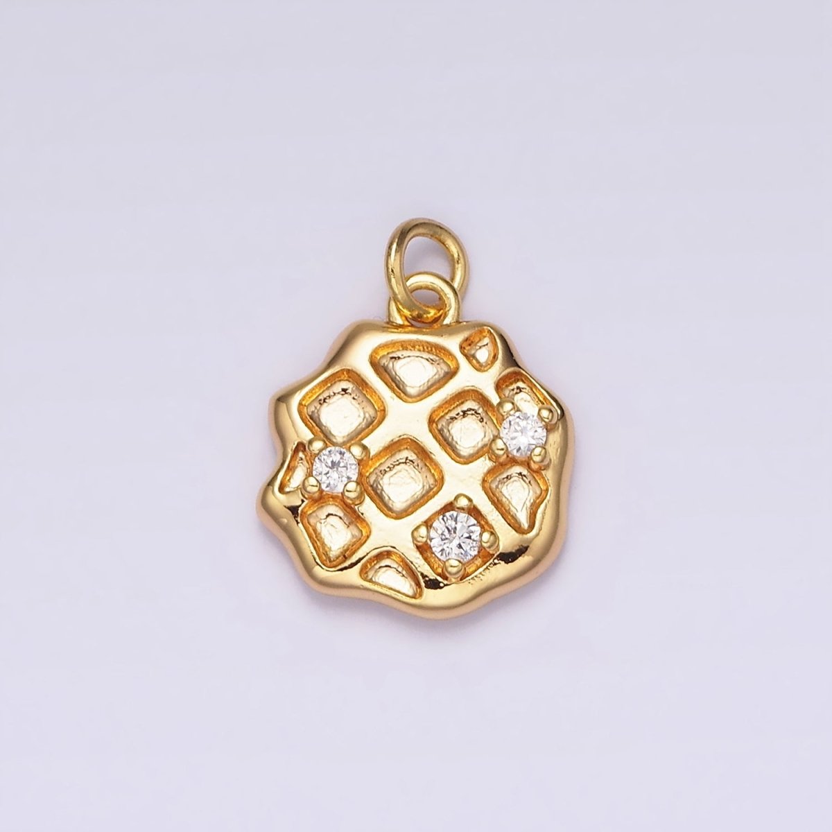 18K Gold Filled Clear CZ Rhombus Dented Waffle Abstract Round Charm | N1686