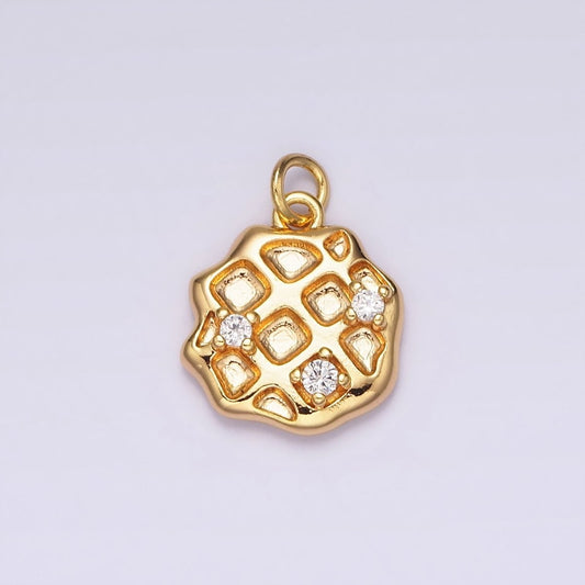 18K Gold Filled Clear CZ Rhombus Dented Waffle Abstract Round Charm | N1686