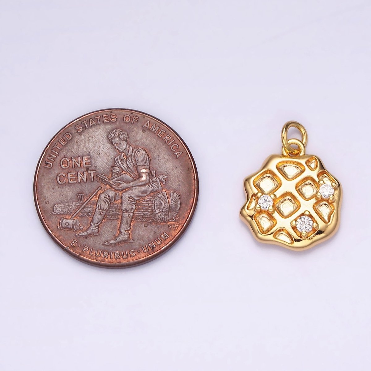 18K Gold Filled Clear CZ Rhombus Dented Waffle Abstract Round Charm | N1686