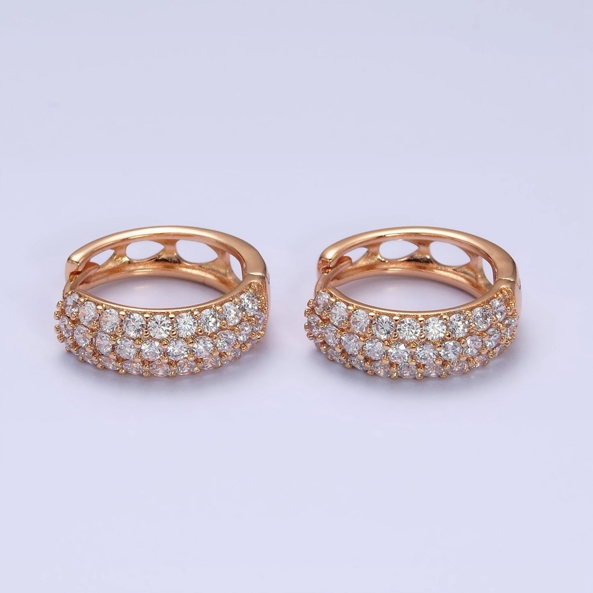 18K Gold Filled Clear CZ Triple Micro Paved Teardrop Filigree Huggie Hoop Earrings | AD1369