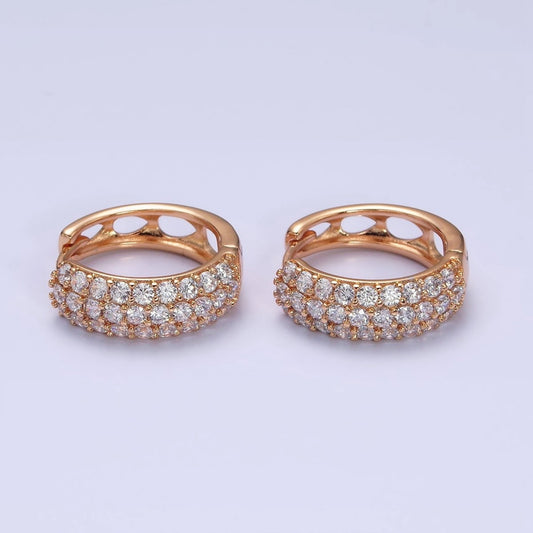 18K Gold Filled Clear CZ Triple Micro Paved Teardrop Filigree Huggie Hoop Earrings | AD1369