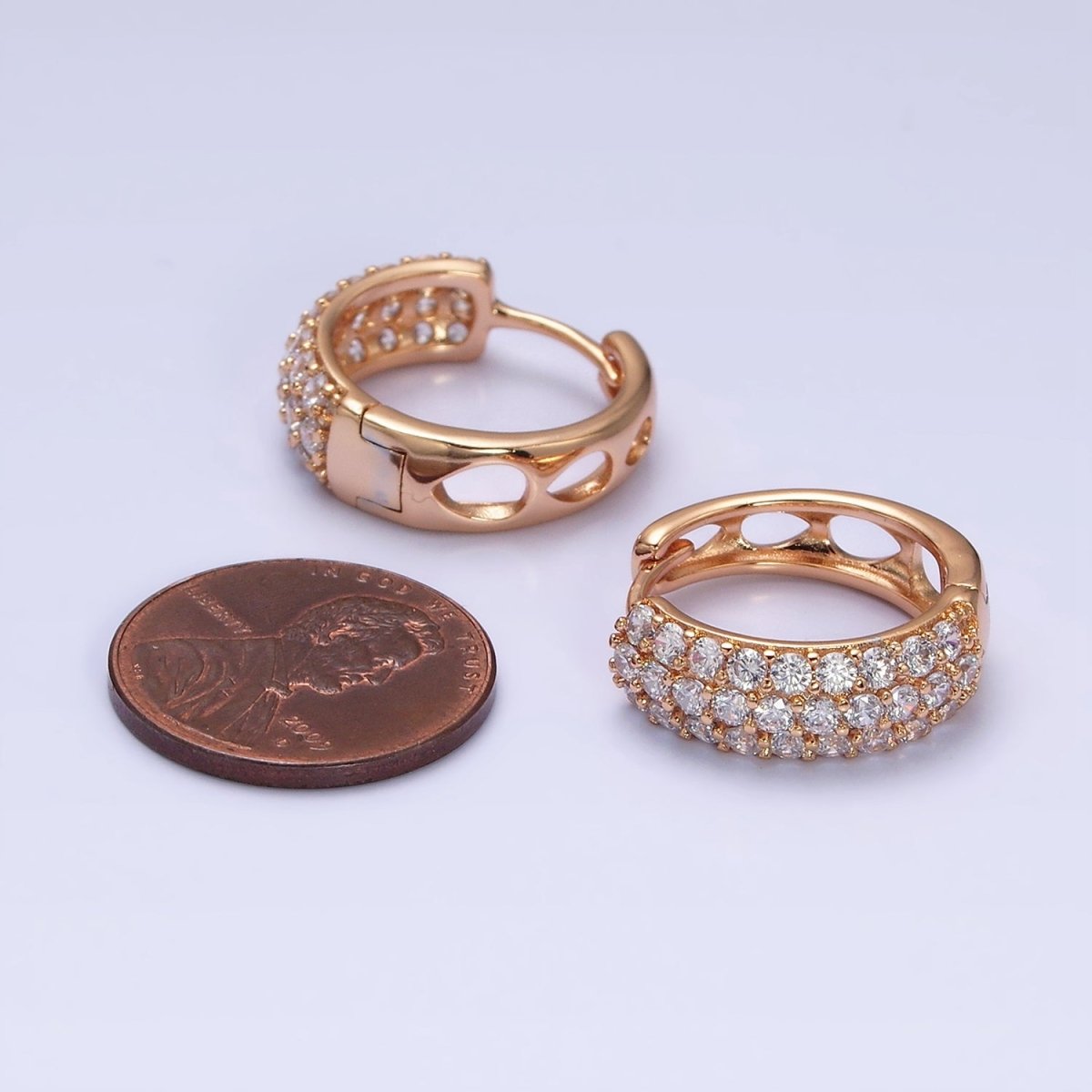 18K Gold Filled Clear CZ Triple Micro Paved Teardrop Filigree Huggie Hoop Earrings | AD1369