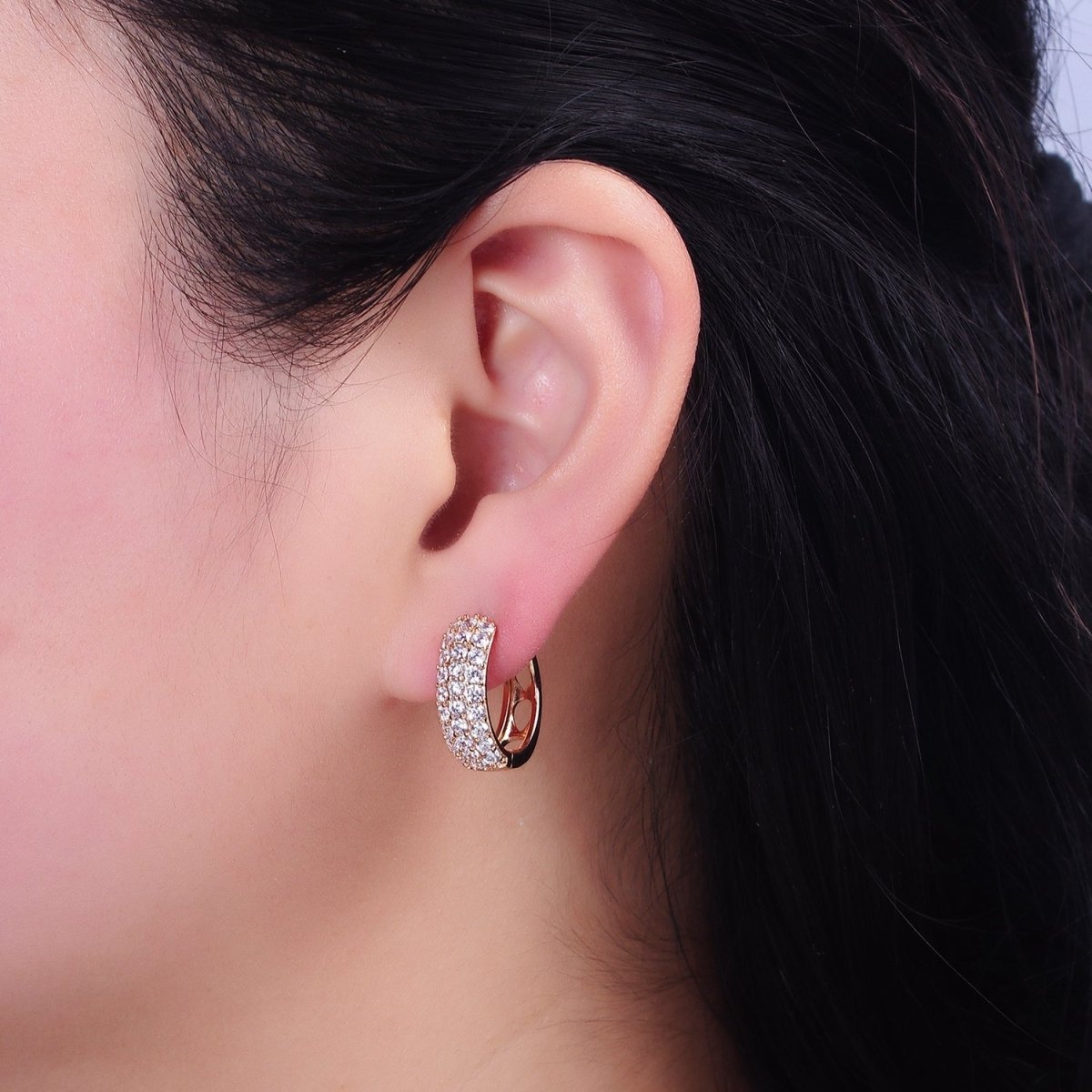 18K Gold Filled Clear CZ Triple Micro Paved Teardrop Filigree Huggie Hoop Earrings | AD1369