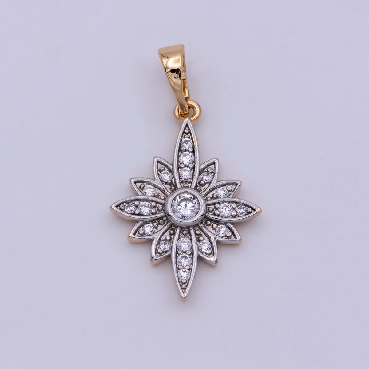 18K Gold Filled Clear Micro Paved CZ Celestial North Star Sun Flower Mixed Metal Pendant | N-1431