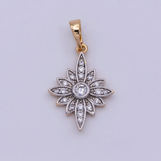 18K Gold Filled Clear Micro Paved CZ Celestial North Star Sun Flower Mixed Metal Pendant | N-1431