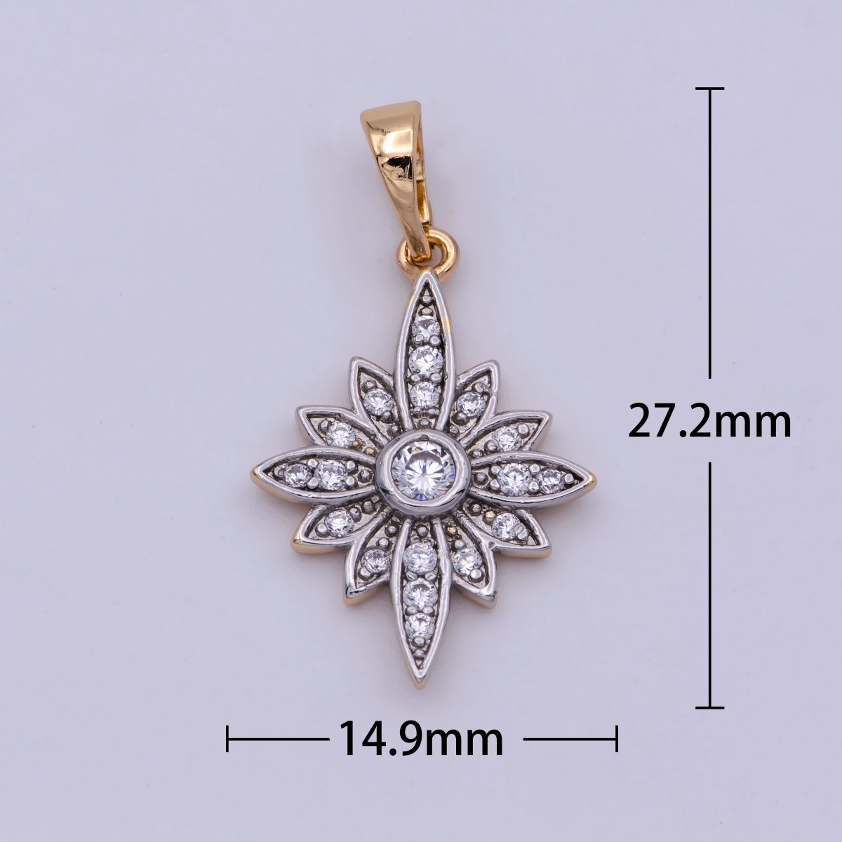 18K Gold Filled Clear Micro Paved CZ Celestial North Star Sun Flower Mixed Metal Pendant | N-1431
