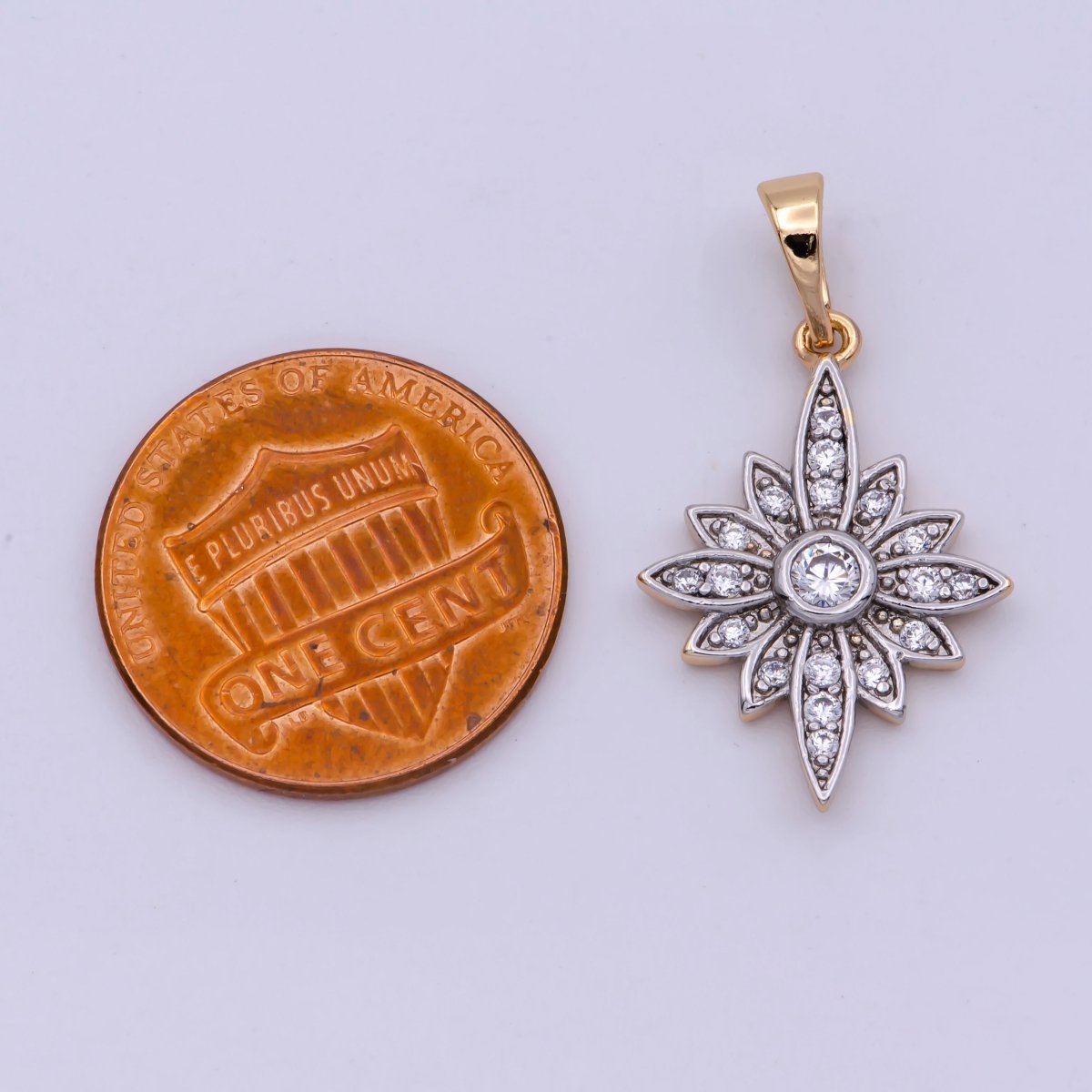 18K Gold Filled Clear Micro Paved CZ Celestial North Star Sun Flower Mixed Metal Pendant | N-1431