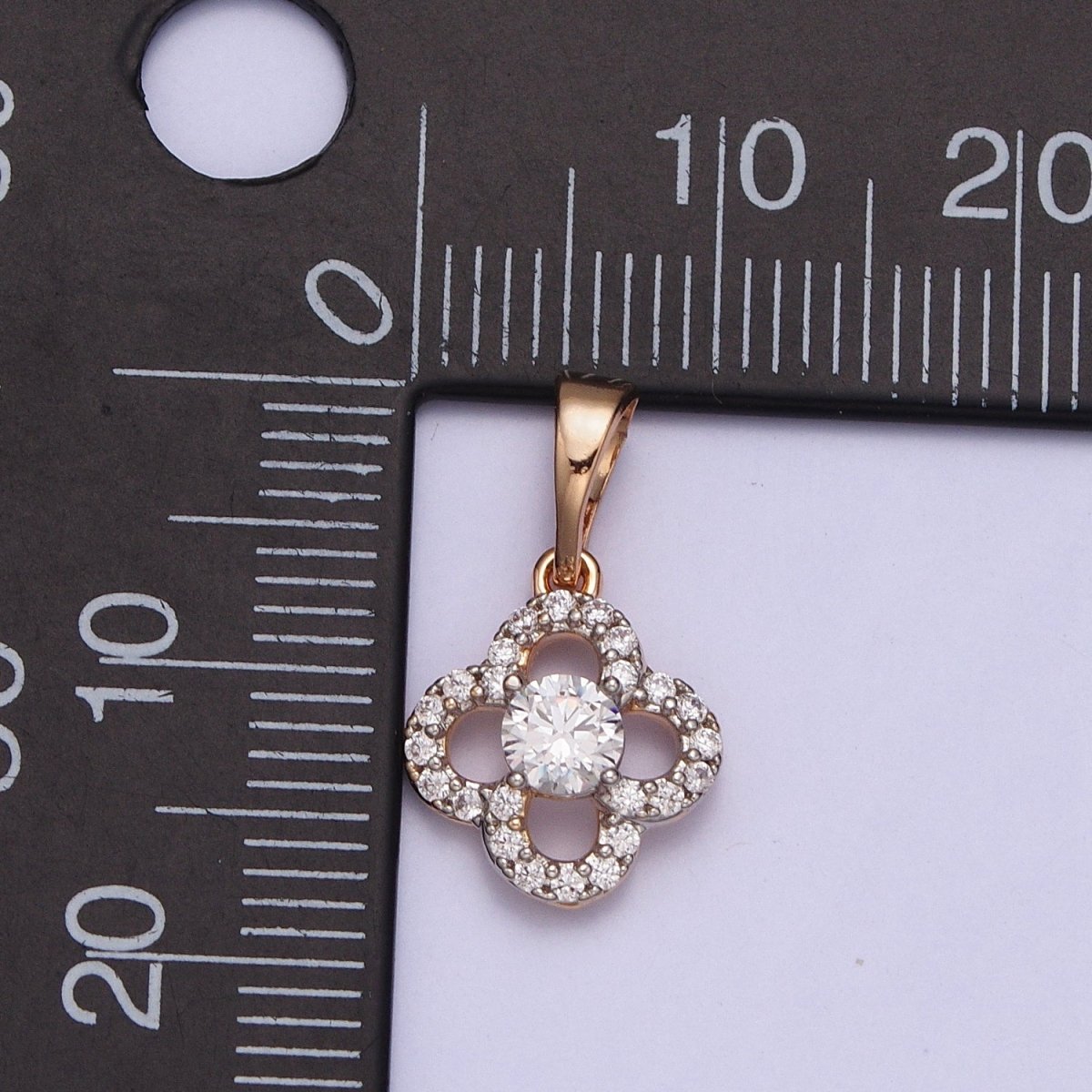 18K Gold Filled Clear Micro Paved CZ Quatrefoil Clover Pendant | AA039