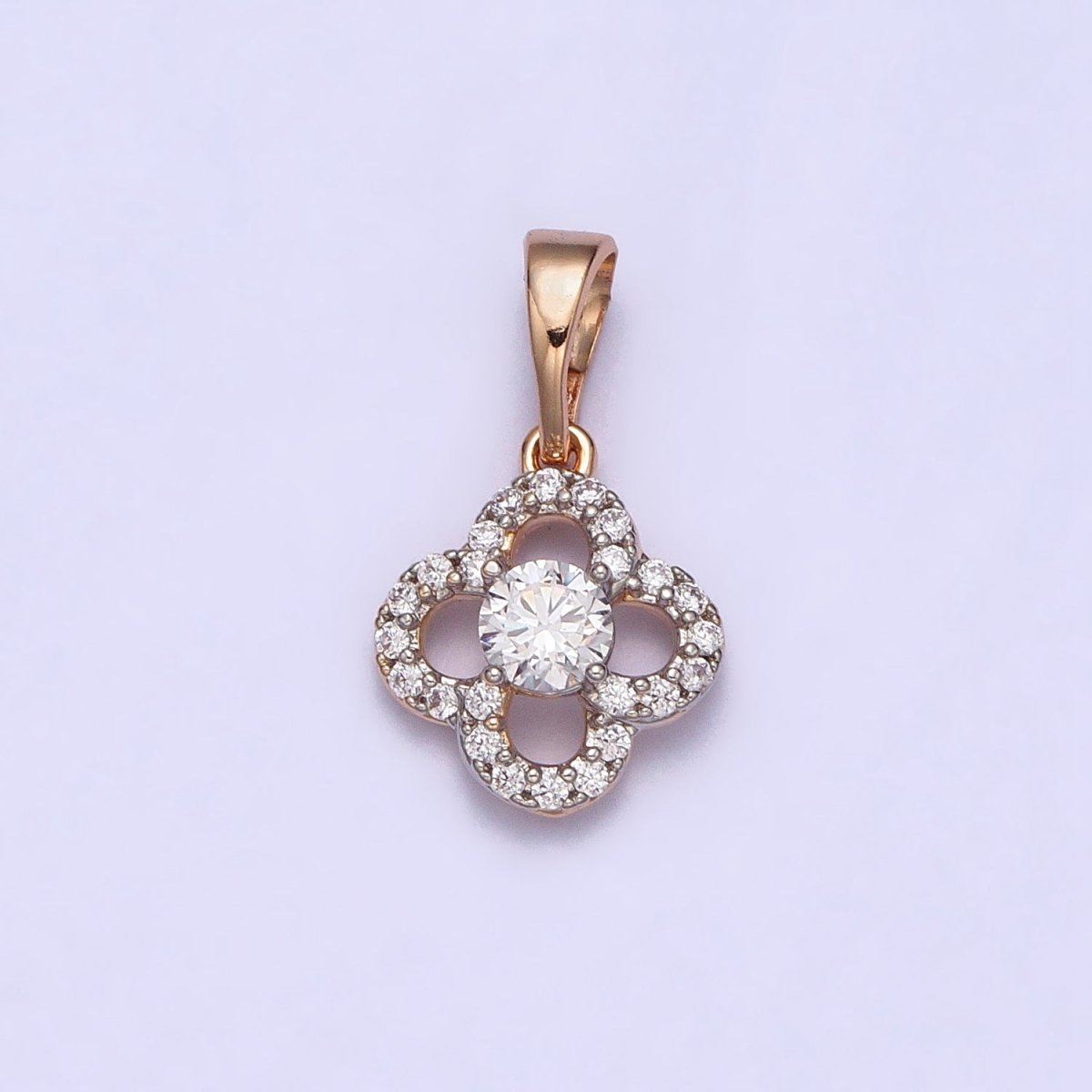 18K Gold Filled Clear Micro Paved CZ Quatrefoil Clover Pendant | AA039