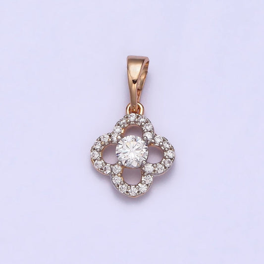 18K Gold Filled Clear Micro Paved CZ Quatrefoil Clover Pendant | AA039