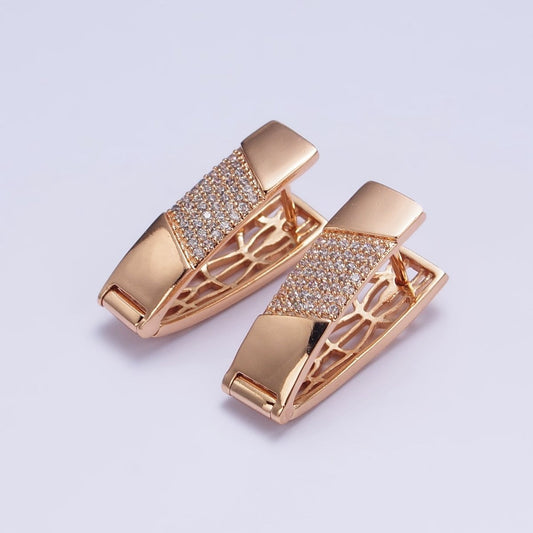 18K Gold Filled Clear Micro Paved CZ Wide Flat English Lock Earrings | AB276
